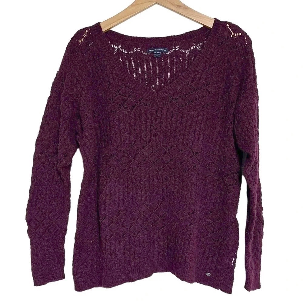 American Eagle Sweater XXL Burgundy V-Neck Pointelle Knit Cotton Linen Boho